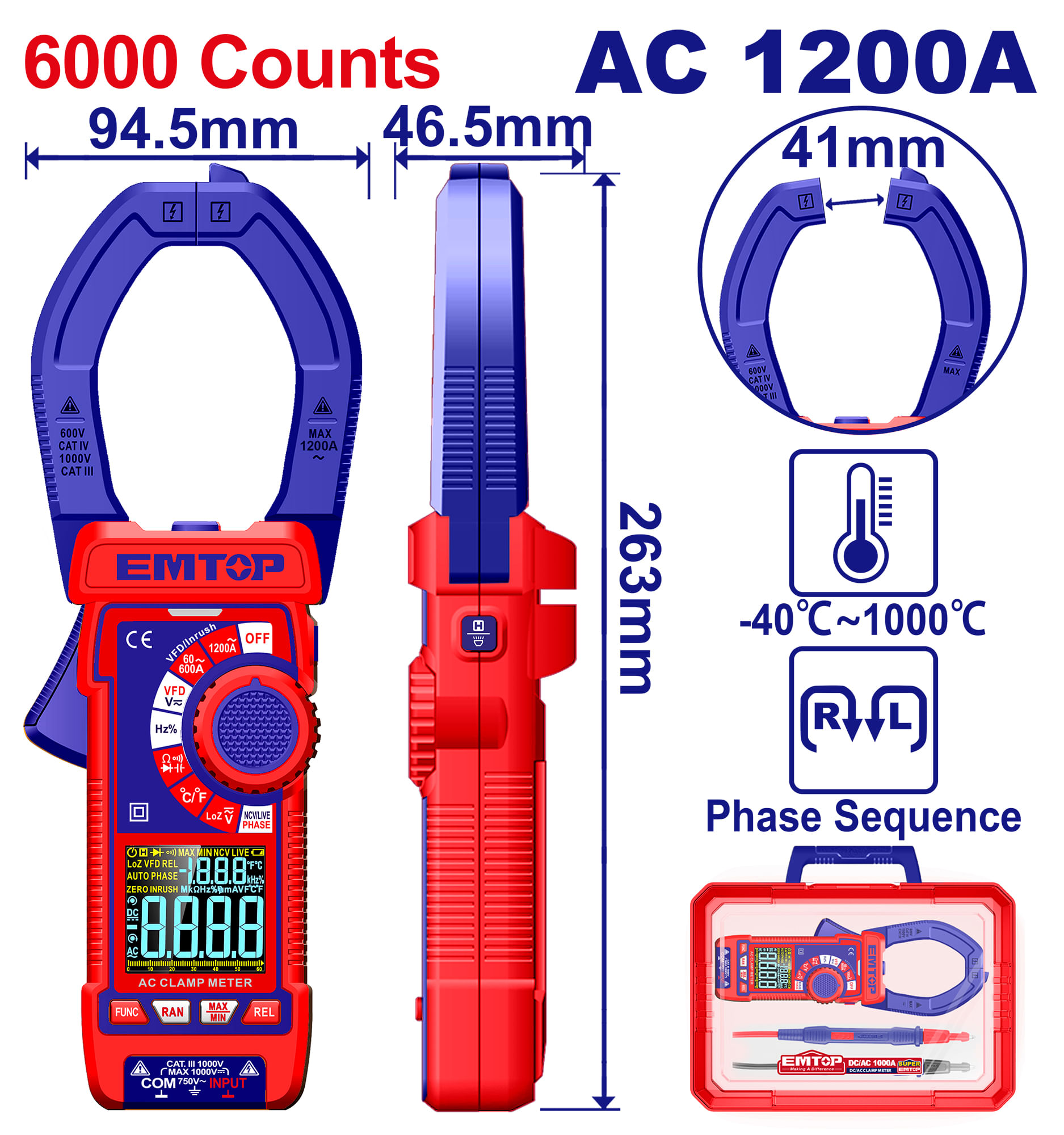 Amperimetro Digital Tenaza 1000A EDMR7610001 Emtop